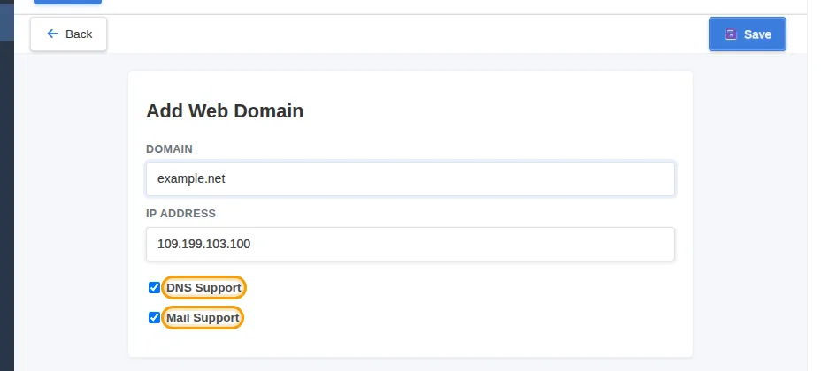A new domain with DNS Support and Mail Support ticked