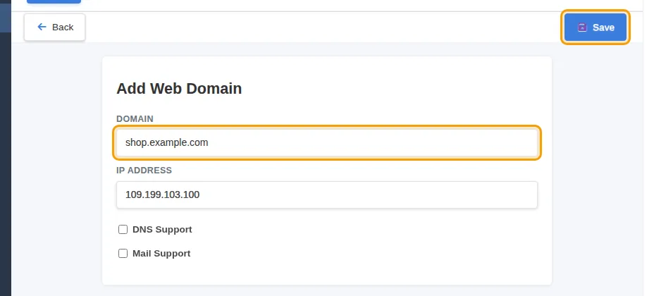 The Add Web Domain form for a subdomain