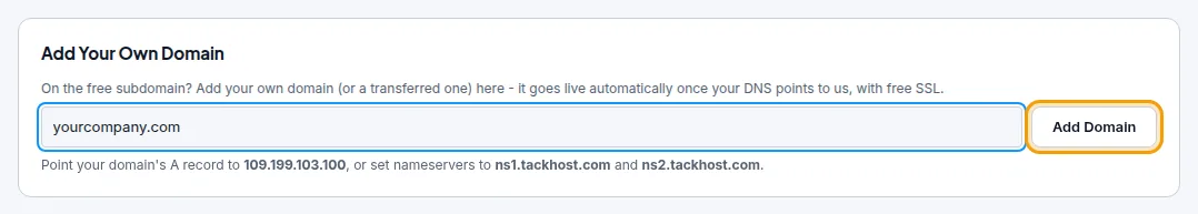 Add Your Own Domain on the hosting service page