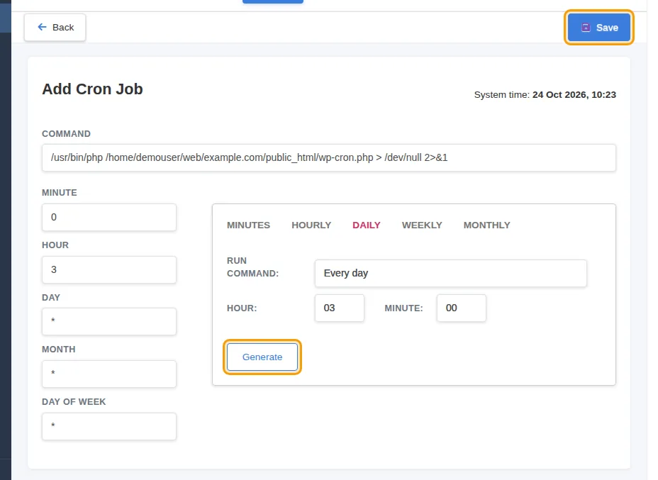 The Add Cron Job form with the Daily helper set to 03:00