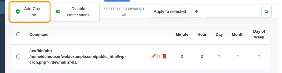 The list of cron jobs with the Add Cron Job button