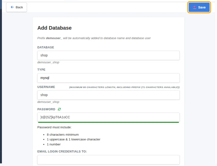 The Add Database form