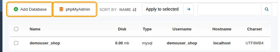 The database list with Add Database and phpMyAdmin