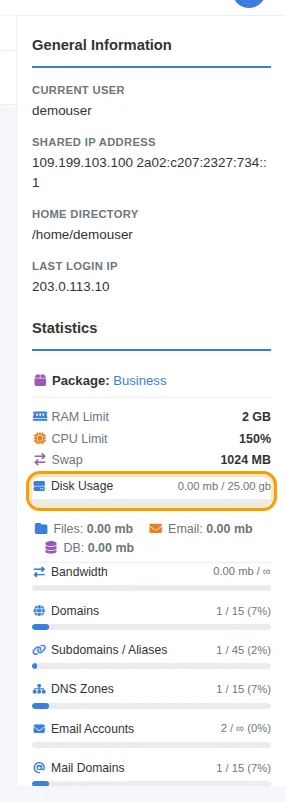 Disk Usage in the Statistics panel