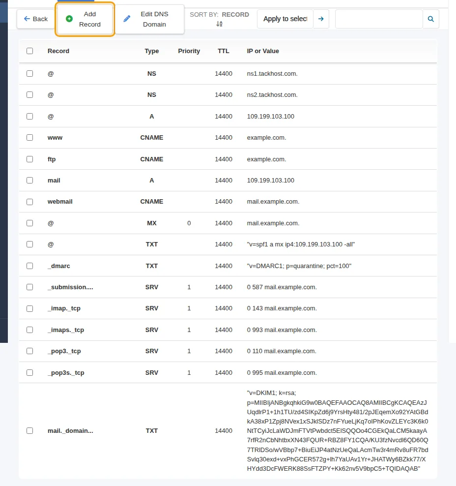 The records of a domain and the Add Record button