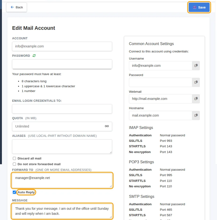 Forwarding and automatic reply on the mailbox page