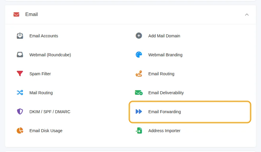 Email Forwarding in the Email section