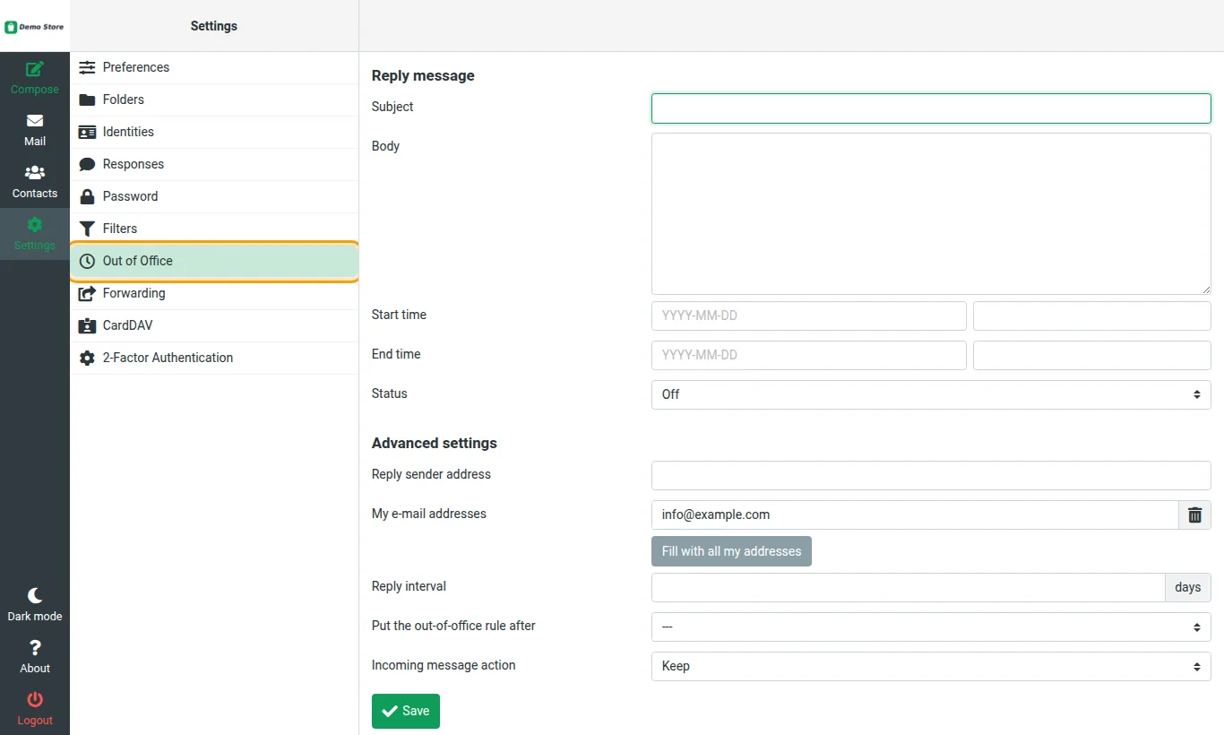 Out of Office in webmail settings