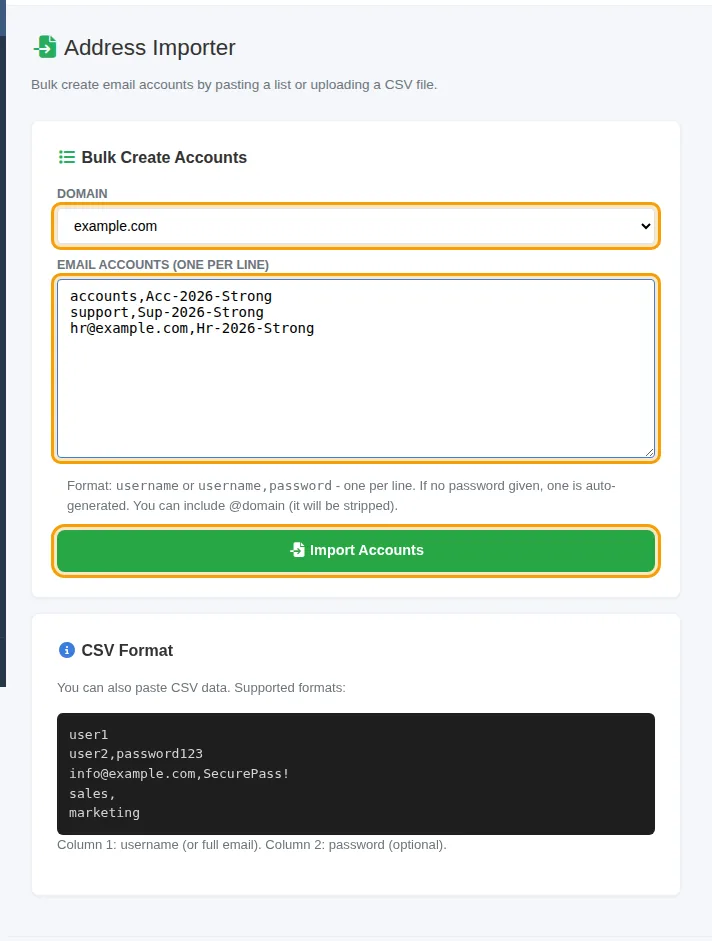 أداة Address Importer بعد كتابة القائمة