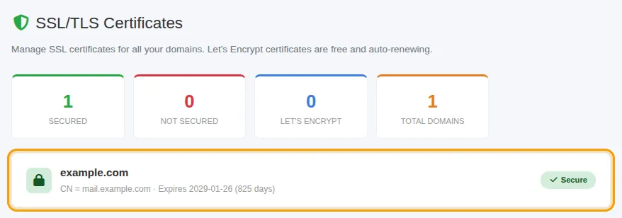 صفحة شهادات SSL/TLS