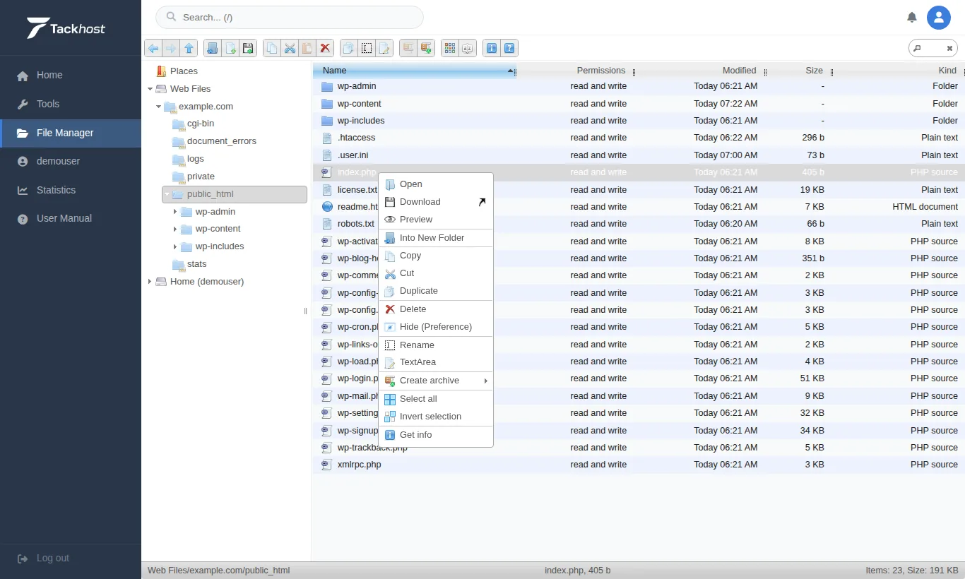 The menu for a file