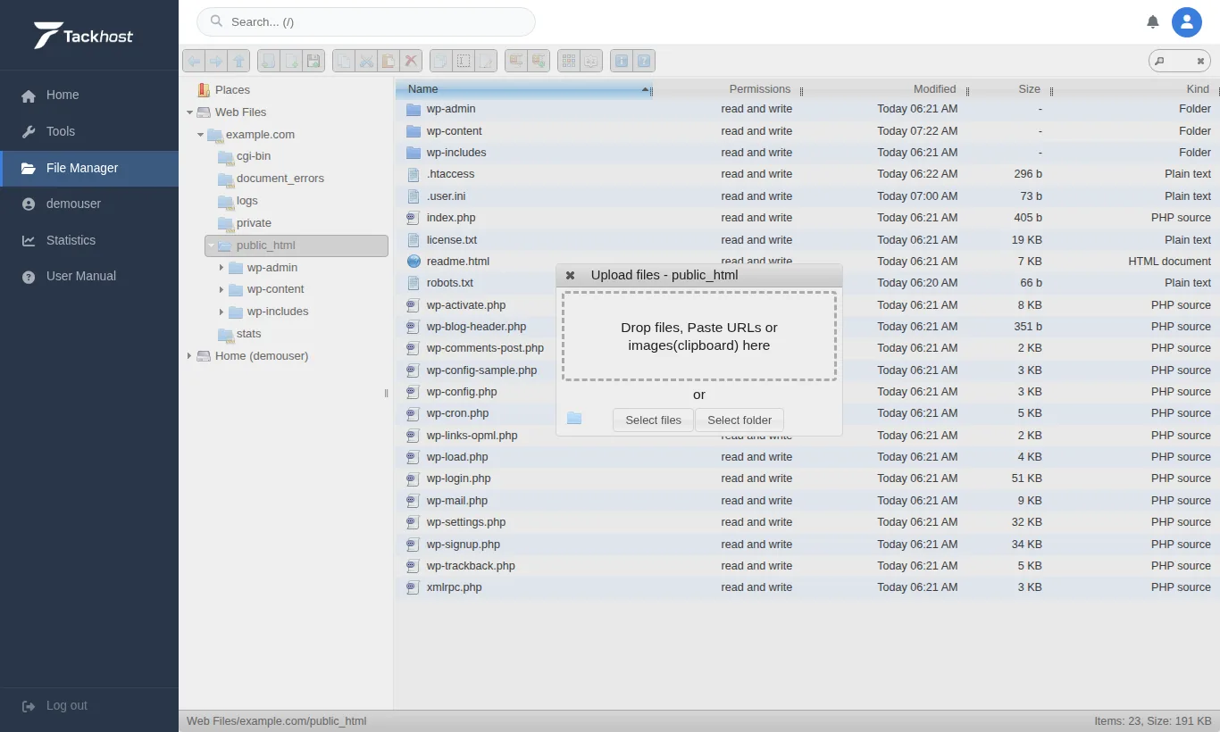The Upload files window