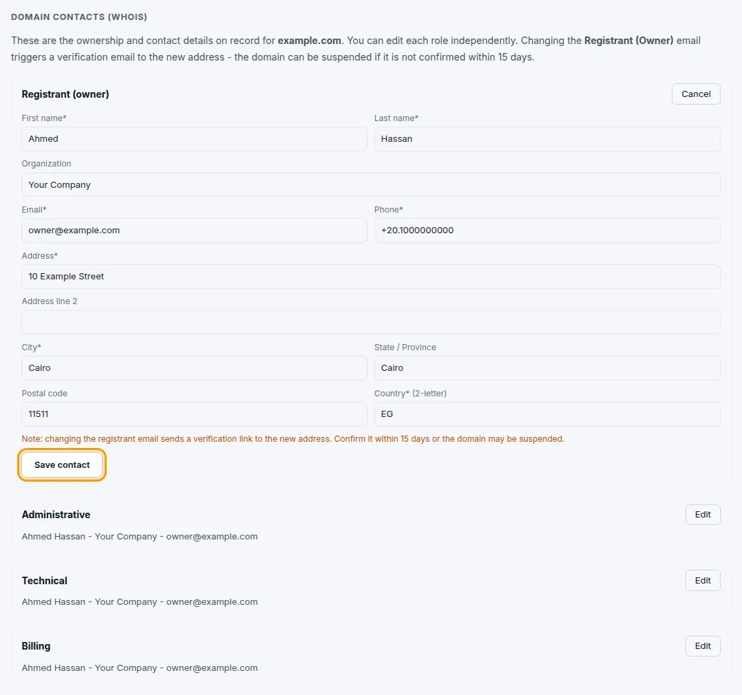 Editing the registrant contact