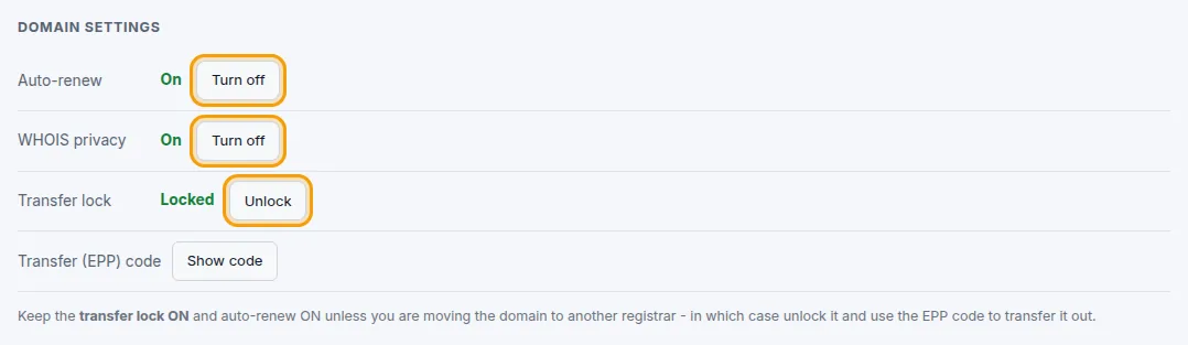 Auto-renew, WHOIS privacy, transfer lock and the transfer code