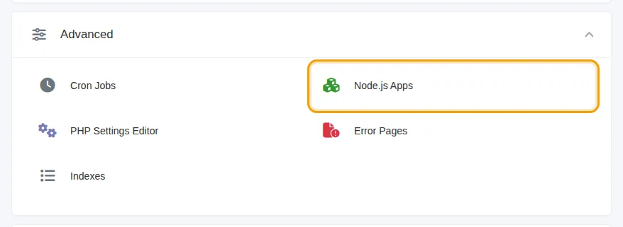 The Node.js Apps tile under Advanced