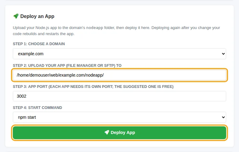 The Deploy an App form filled in