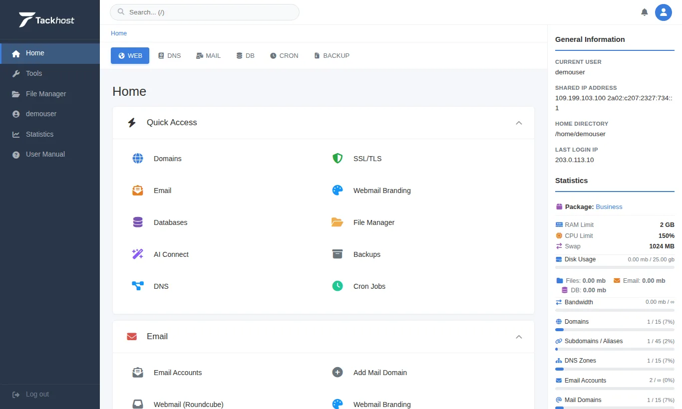 The control panel Home page