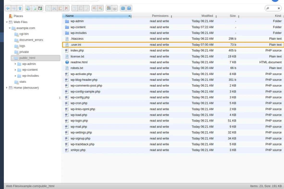 The .user.ini file in the public_html folder