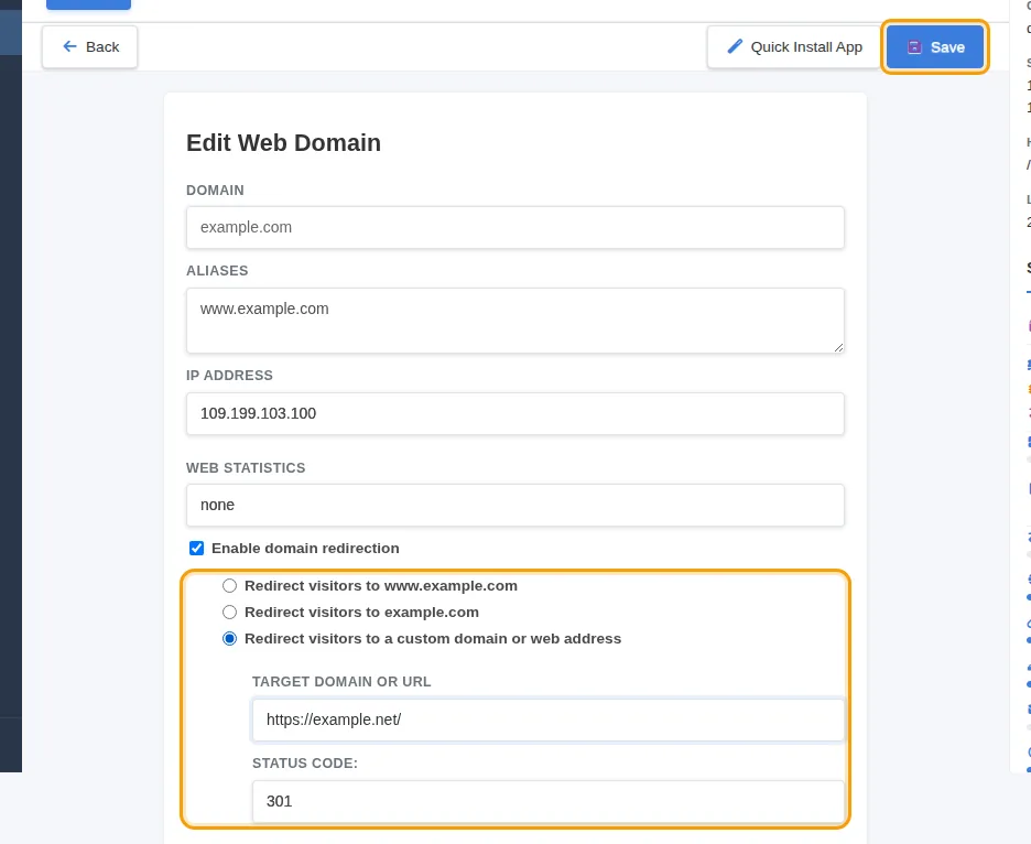 Domain redirection set to a custom address with code 301
