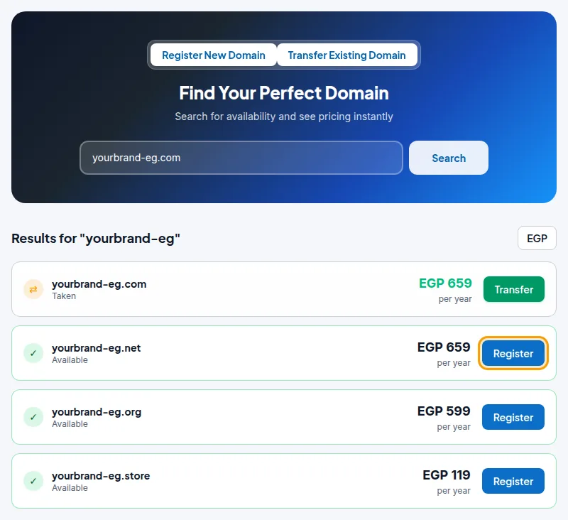 Search results with available and taken names