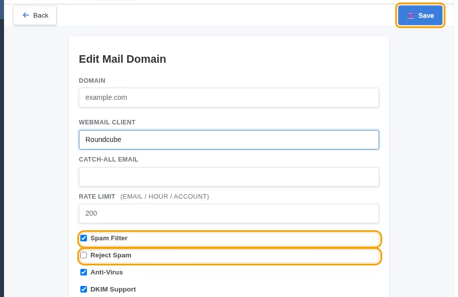 Spam Filter ticked on the Edit Mail Domain page