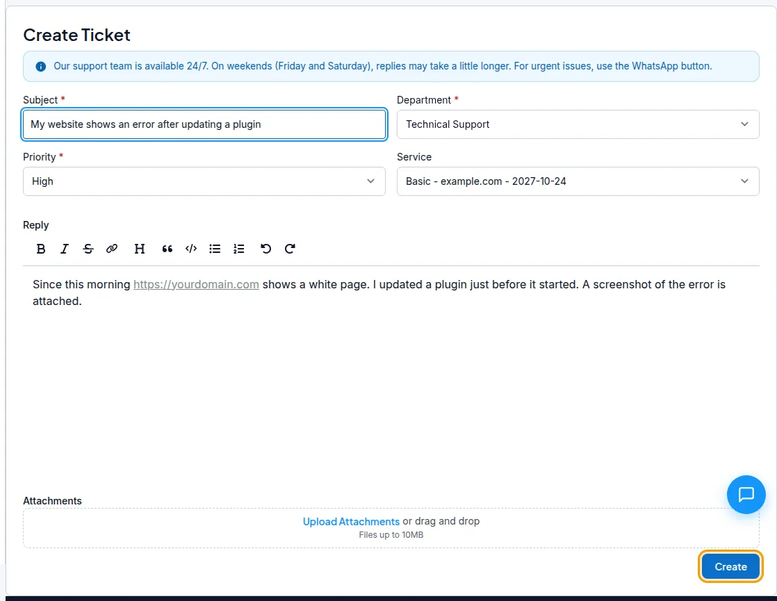 A new ticket filled in, ready to send