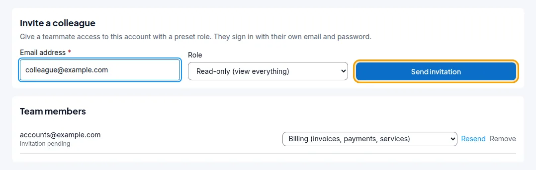 The invite form filled in, and a pending invitation in the list