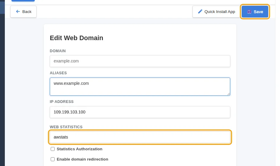 Web Statistics set to awstats