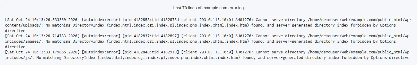 The error log of a domain with a PHP warning