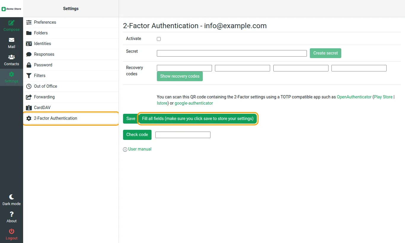 The 2-Factor Authentication page in webmail settings