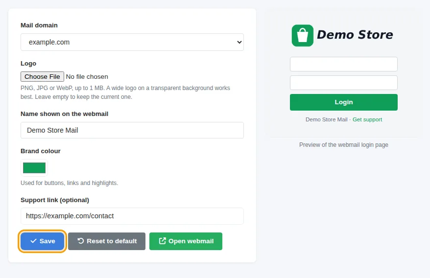 The Webmail Branding form with its live preview