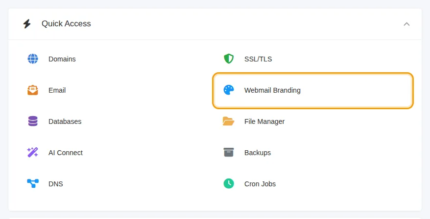 The Webmail Branding tile in Quick Access
