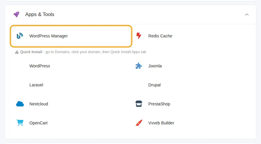 WordPress Manager ضمن Apps & Tools