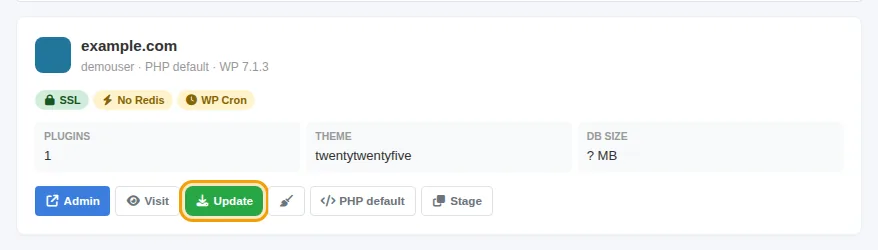 زر Update في WordPress Manager