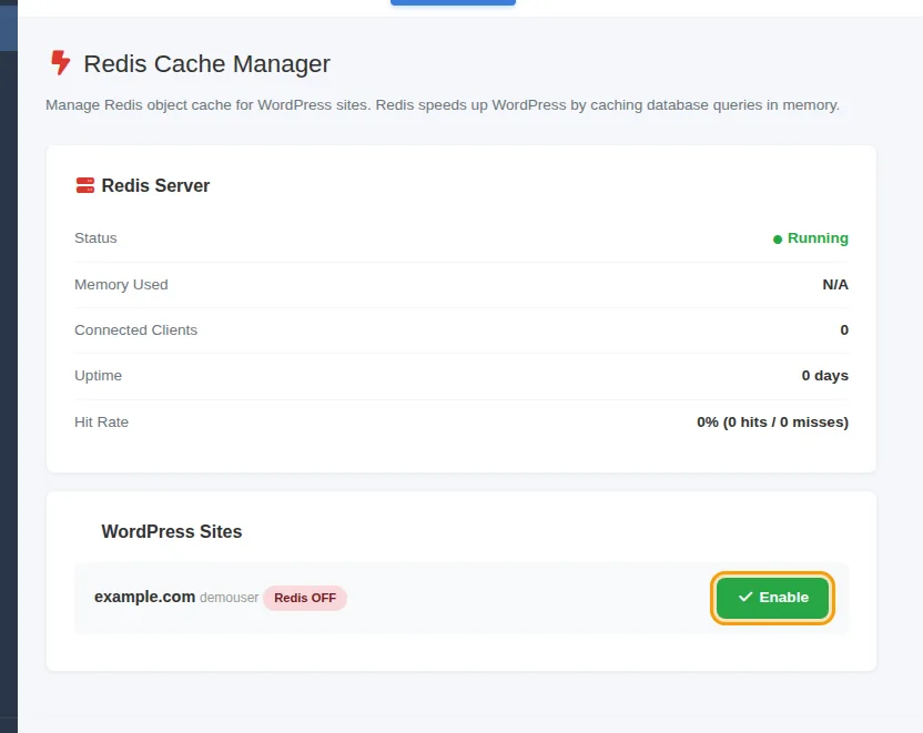 صفحة Redis Cache Manager وزر Enable